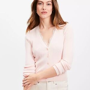 LOFT Blush Pink ribbed lace trimmed cardigan